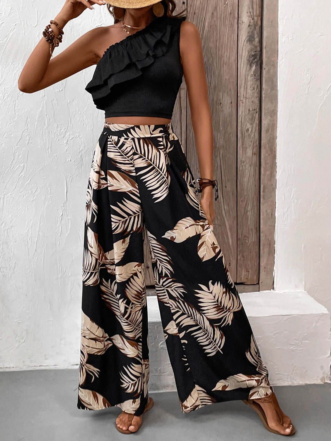 Honey Ruffled Sleeveless Top and Printed Pants Set - Celeste    