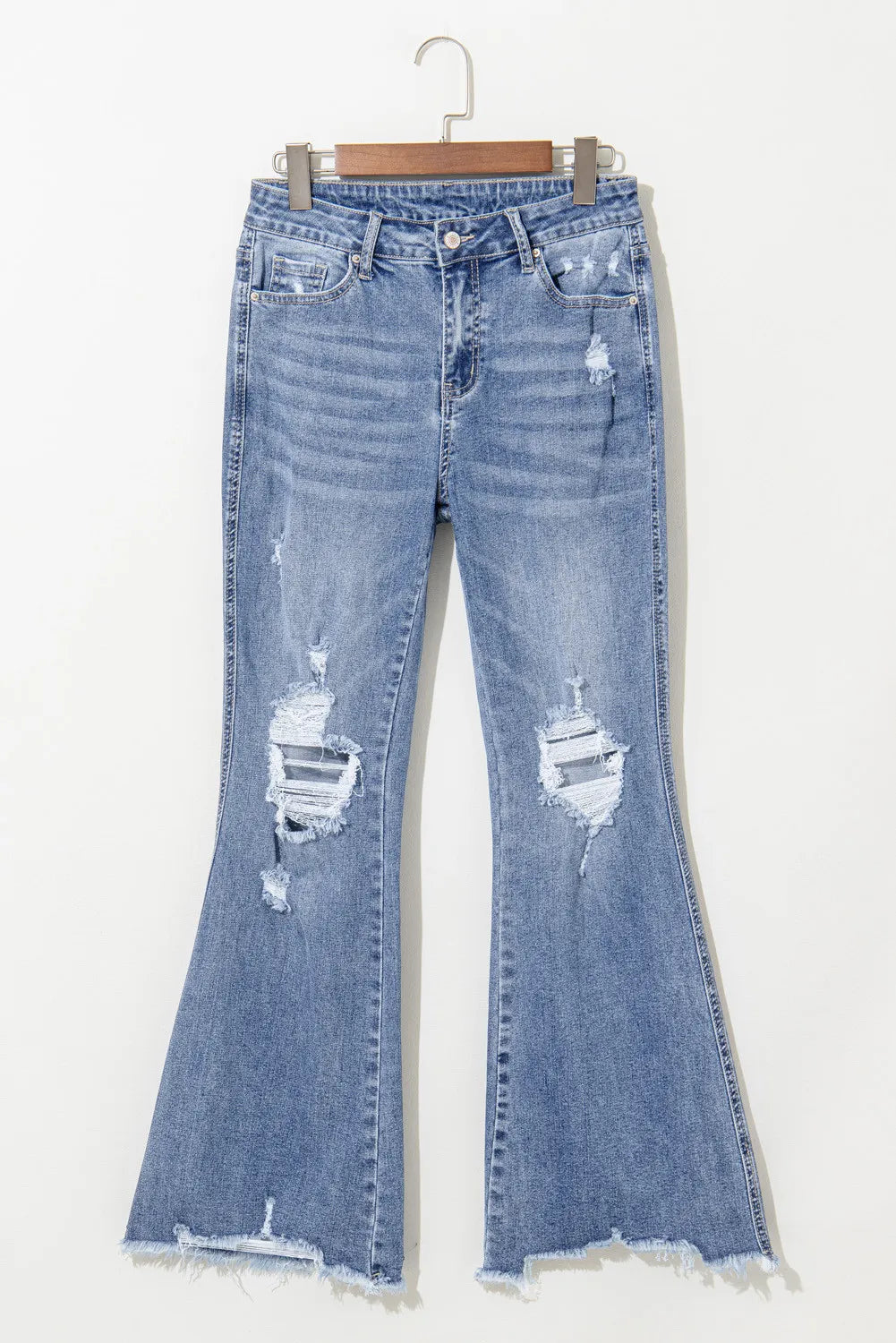 Distressed Raw Hem Bootcut Jeans - Celeste    