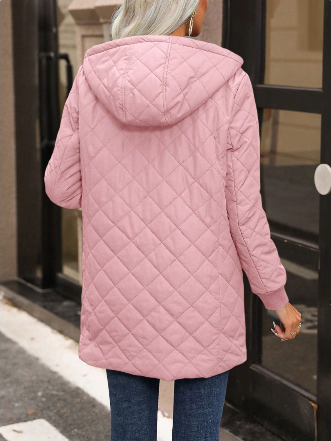 Quilted Zip Up Hooded Jacket with Pockets - Celeste    