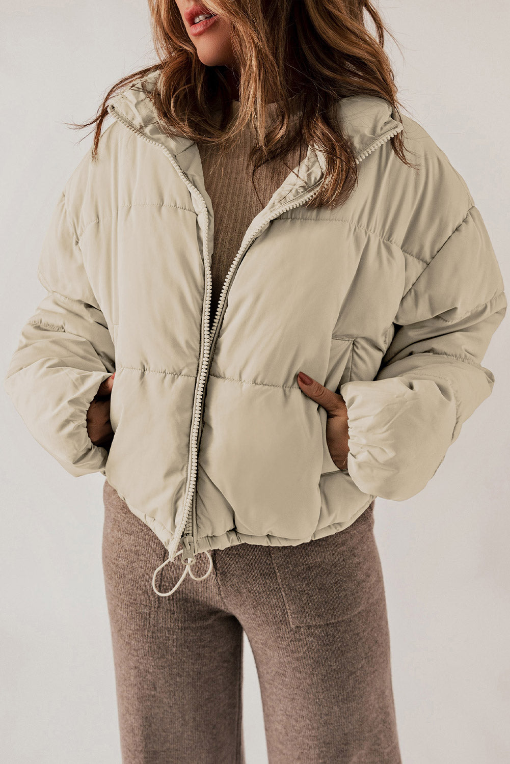 Zip Up Collared Neck Long Sleeve Winter Coat - Celeste    