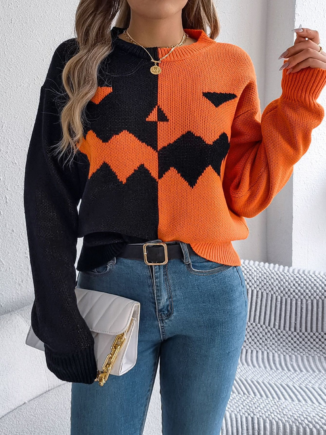 Contrast Round Neck Long Sleeve Sweater - Celeste    