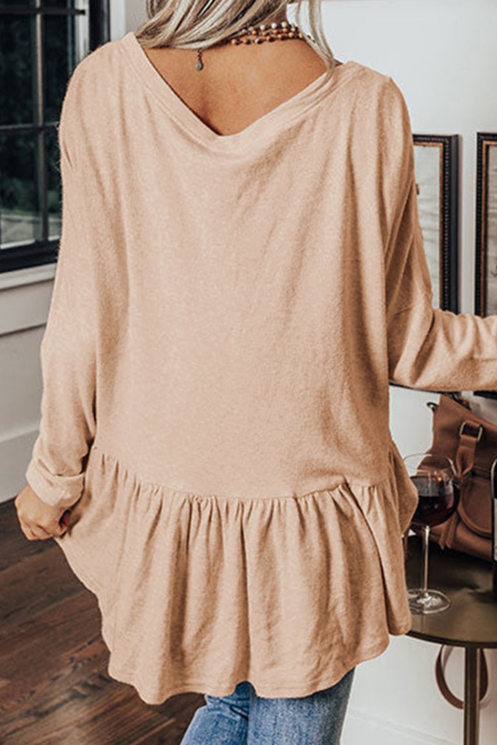Curved Hem V-Neck Long Sleeve Top - Celeste    