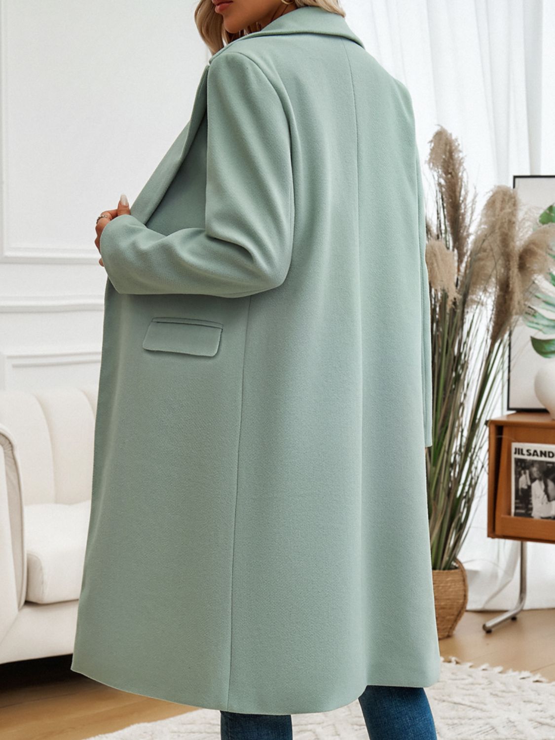 Devine Pocketed Collared Neck Long Sleeve Coat - Celeste    