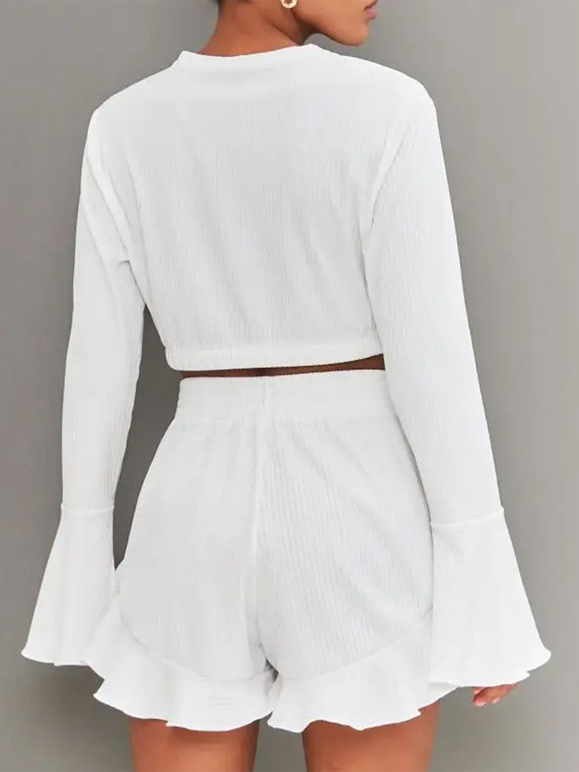 Round Neck Long Sleeve Top and Ruffled Shorts Set - Celeste    