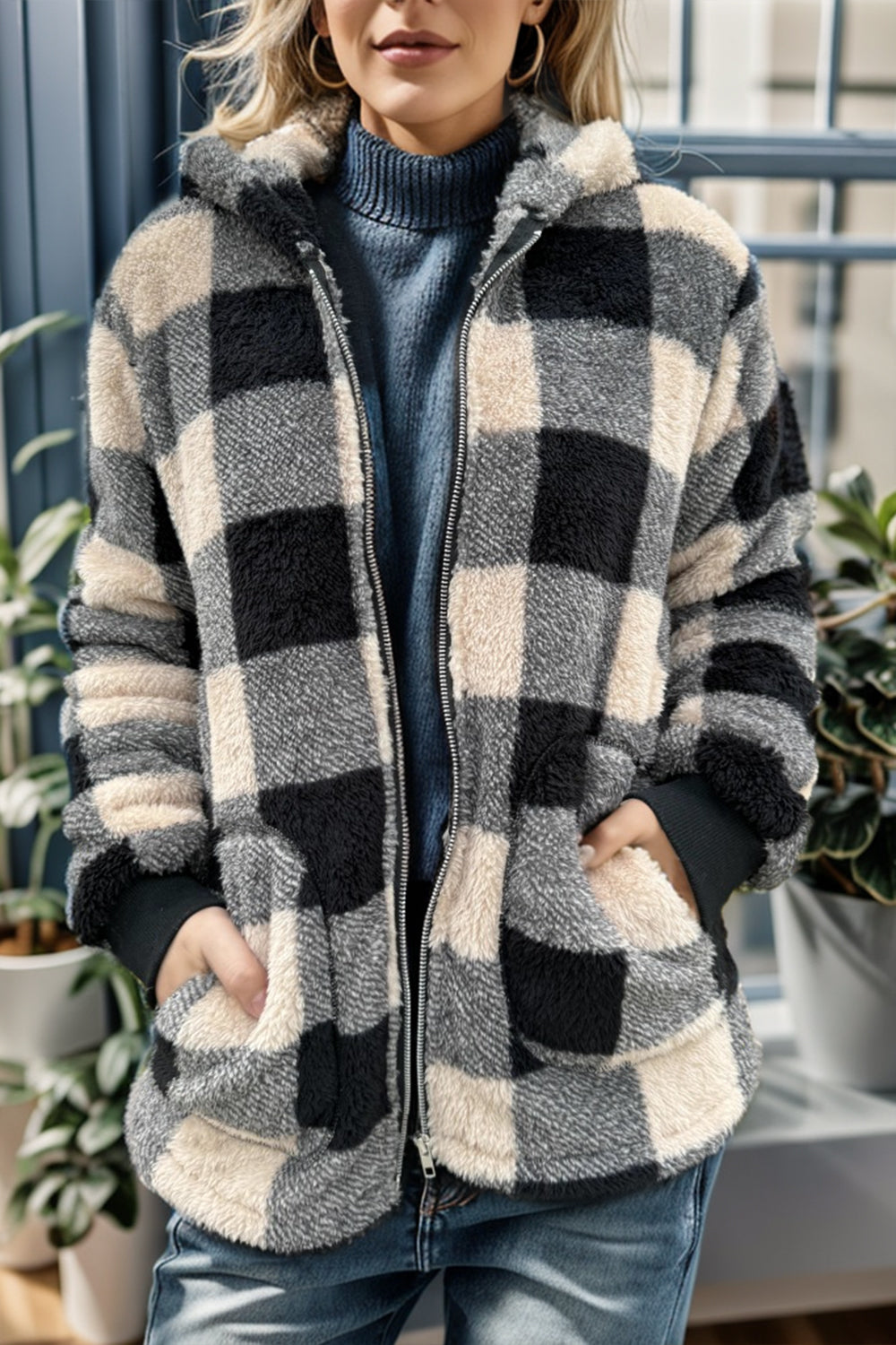 Double Take Full Size Plaid Long Sleeve Hooded Coat - Celeste    