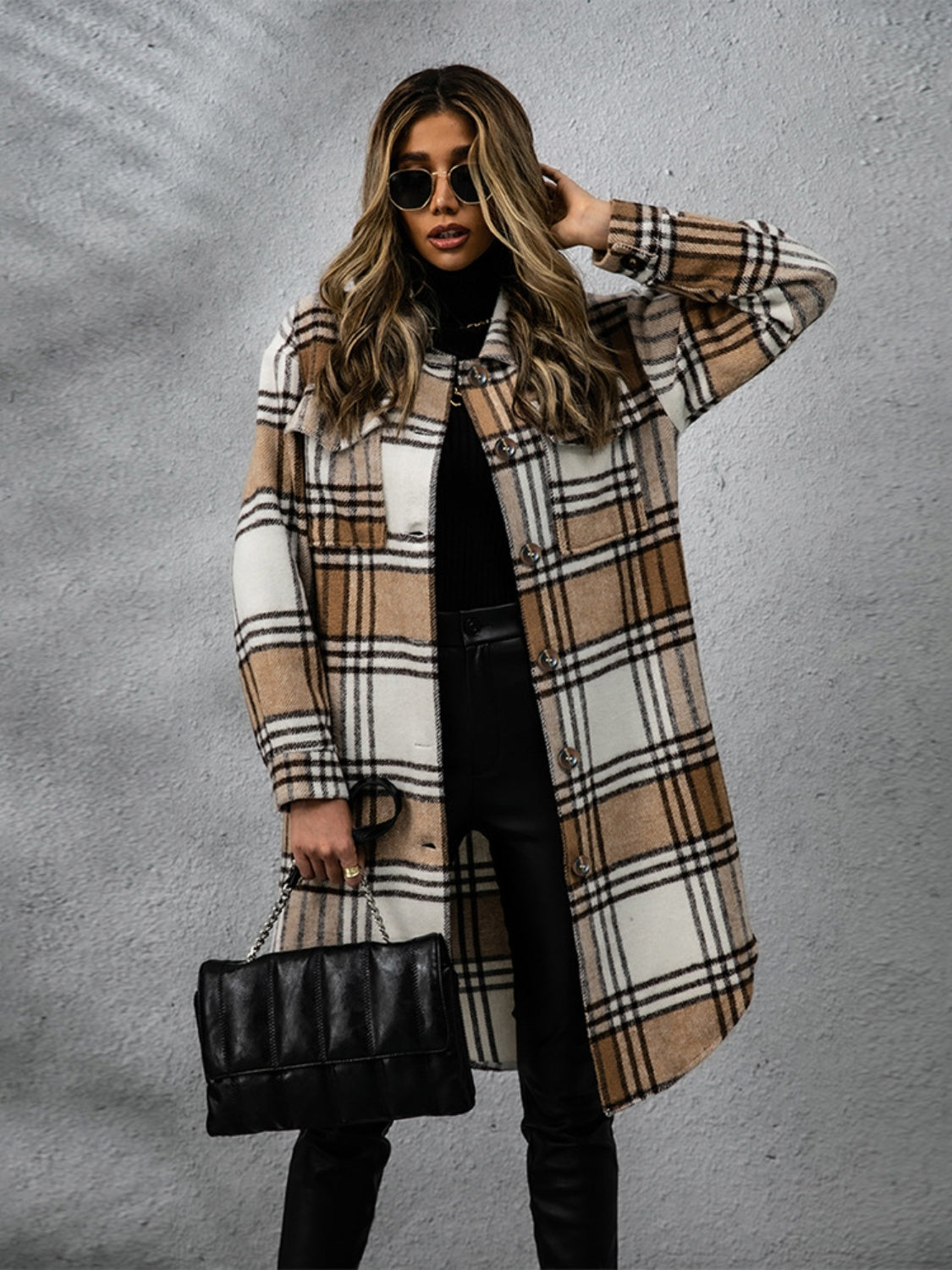 Plaid Collared Neck Long Sleeve Coat - Celeste    
