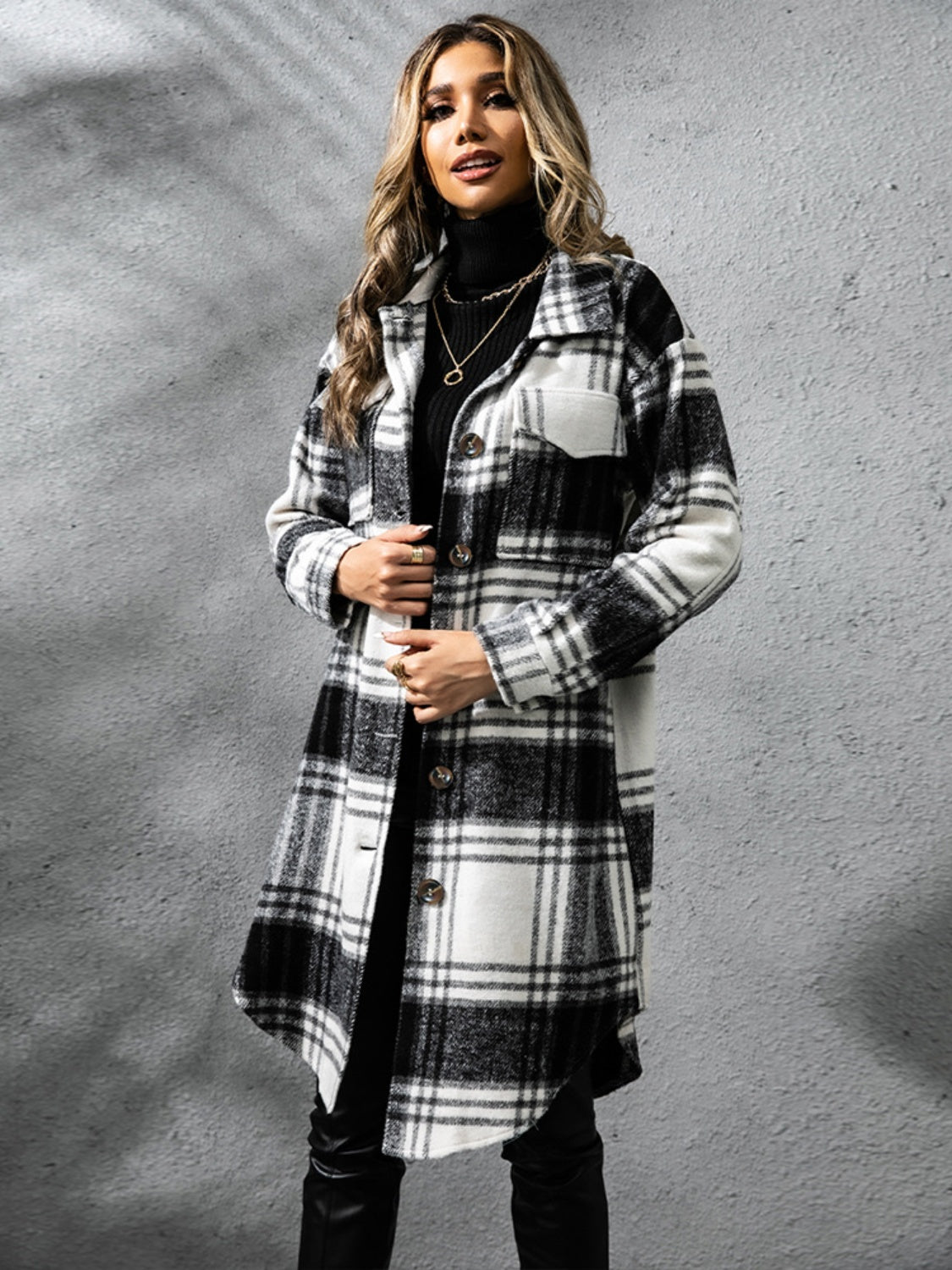 Plaid Collared Neck Long Sleeve Coat - Celeste    