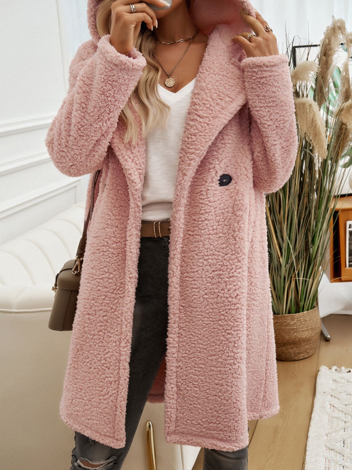 Devine Pocketed Long Sleeve Hooded Teddy Coat - Celeste    