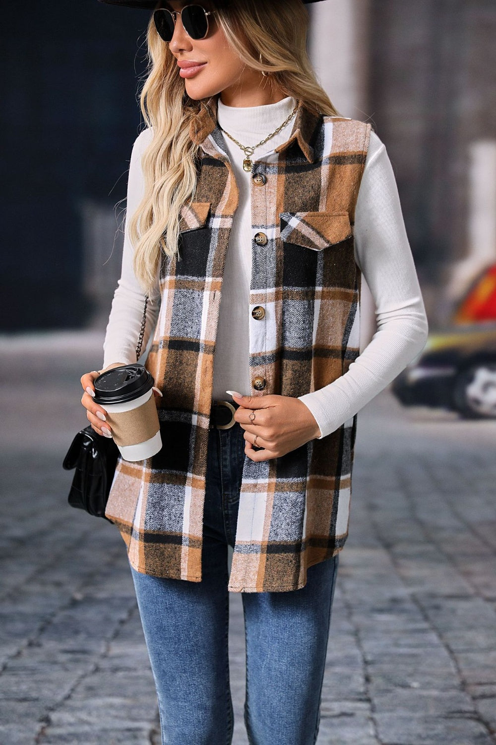 Plaid Button Up Vest Coat - Celeste    