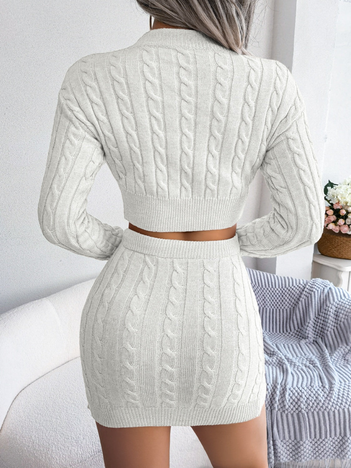 Cable-Knit Round Neck Top and Skirt Sweater Set - Celeste    