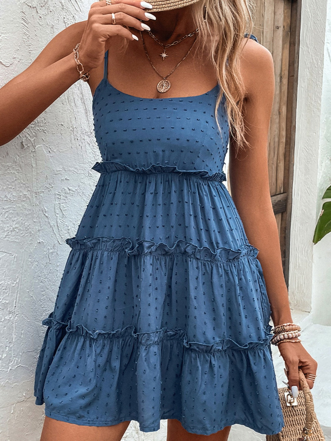 Shiny Frill Spaghetti Strap Tiered Dress - Celeste    