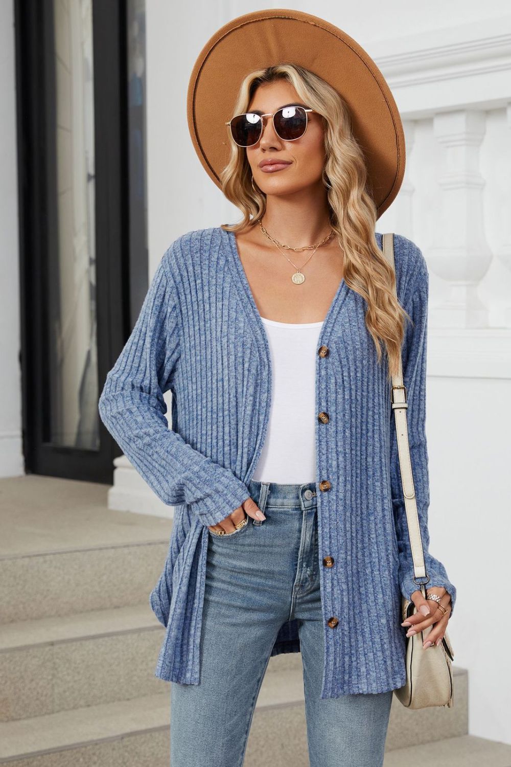 Loose Button Up Long Sleeve Cardigan - Celeste  Sweaters & Cardigans/Cardigans  