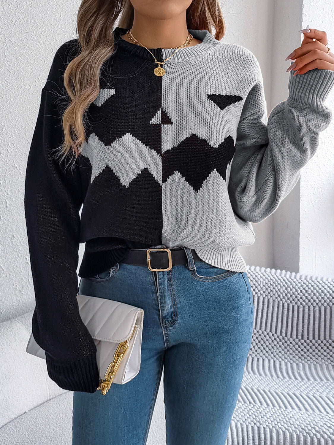 Contrast Round Neck Long Sleeve Sweater - Celeste    