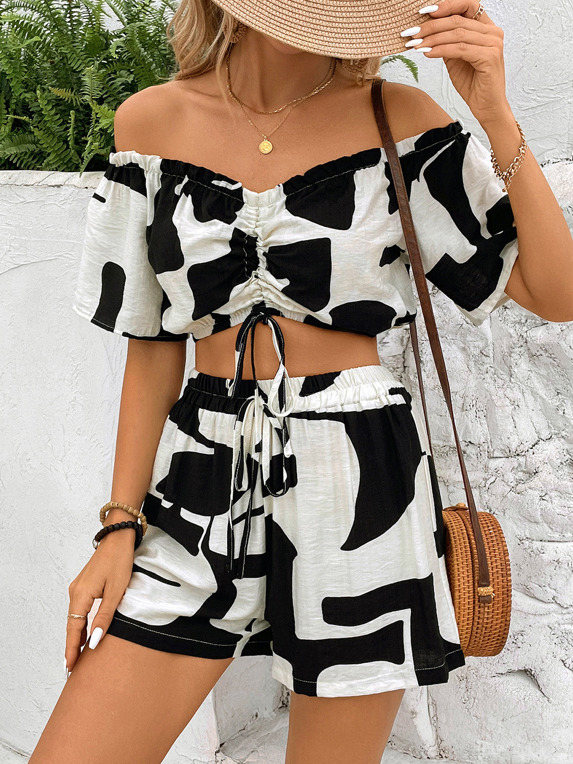 Perfee Drawstring Off-Shoulder Top and Shorts Set - Celeste    