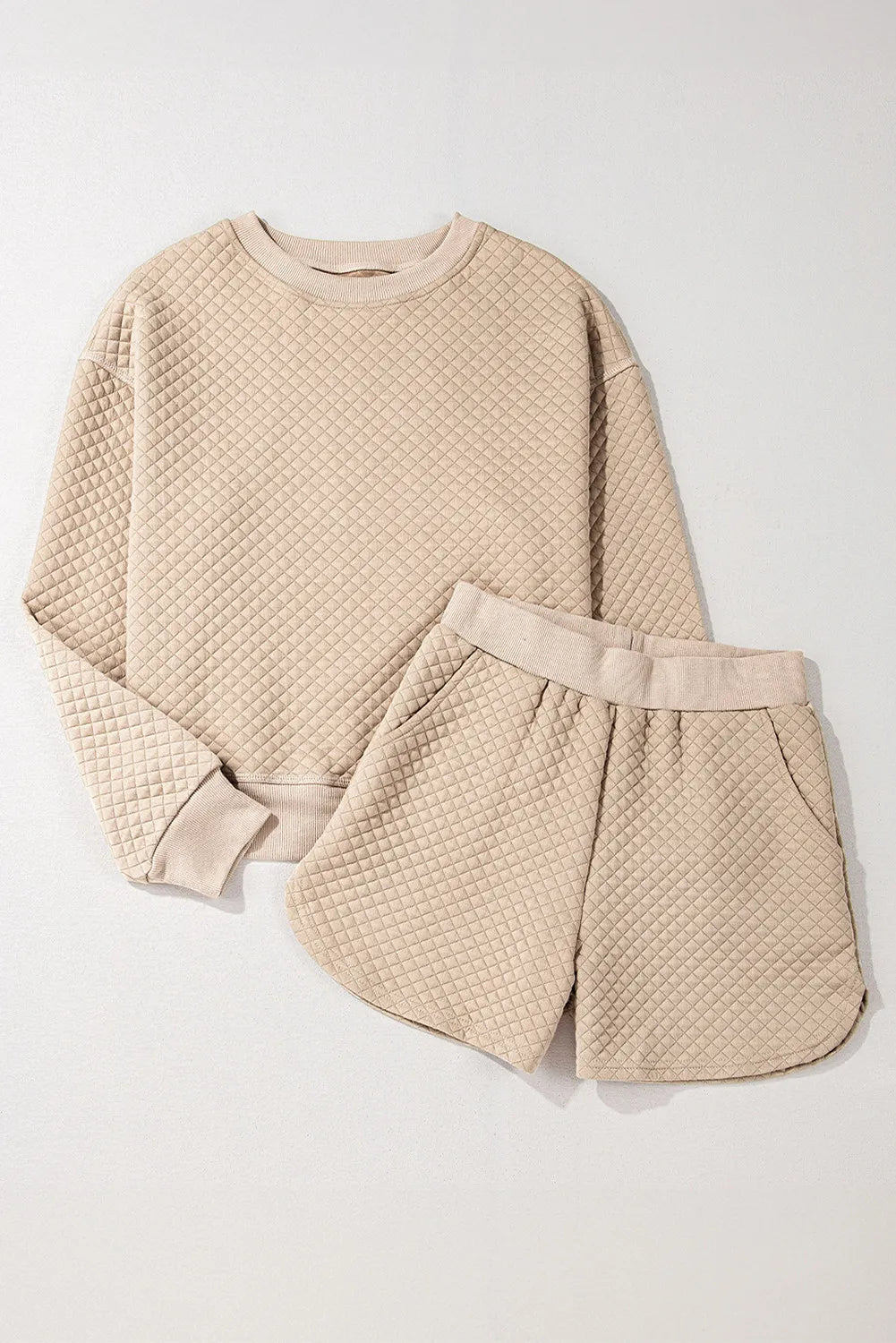 Quilted Round Neck Long Sleeve Top and Shorts Set - Celeste    