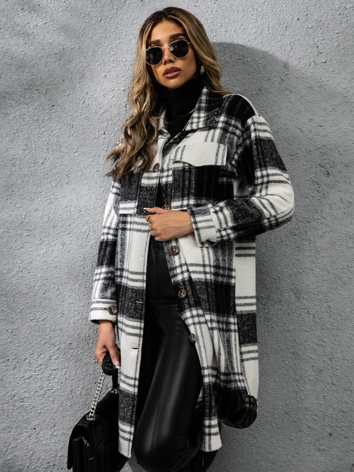 Plaid Collared Neck Long Sleeve Coat - Celeste    