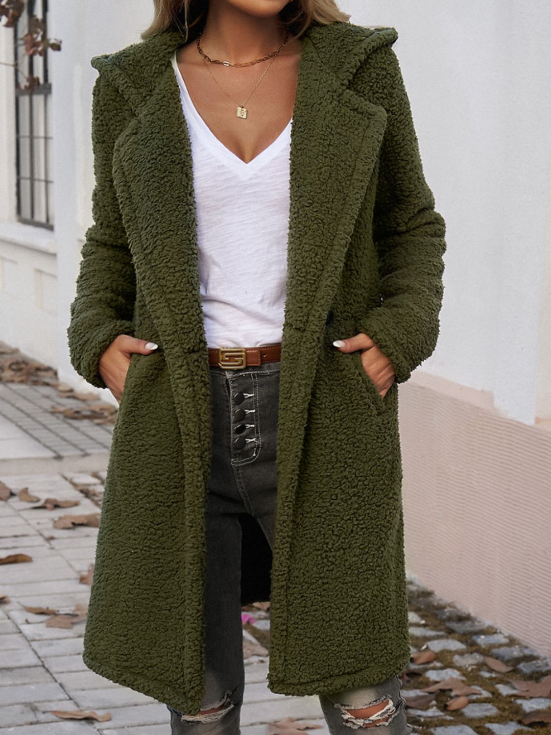Devine Pocketed Long Sleeve Hooded Teddy Coat - Celeste    