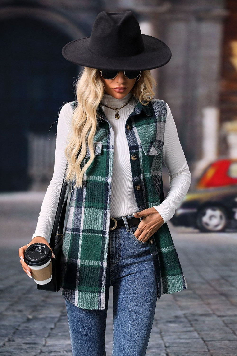 Plaid Button Up Vest Coat - Celeste    