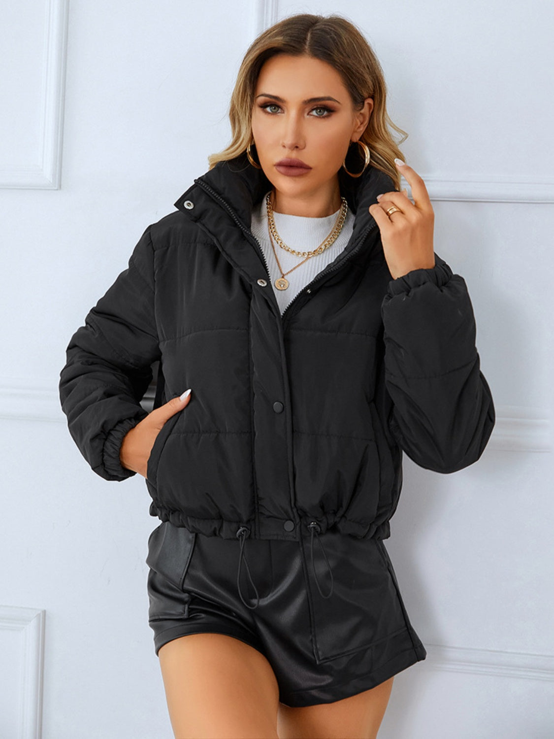 Snap and Zip Closure Drawstring Cropped Winter Coat - Celeste    