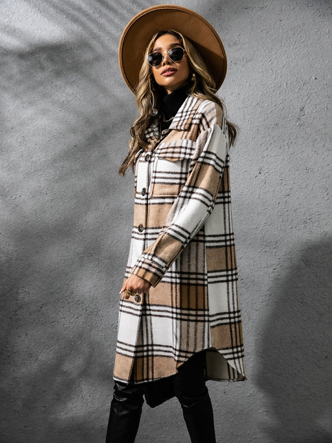 Plaid Collared Neck Long Sleeve Coat - Celeste    