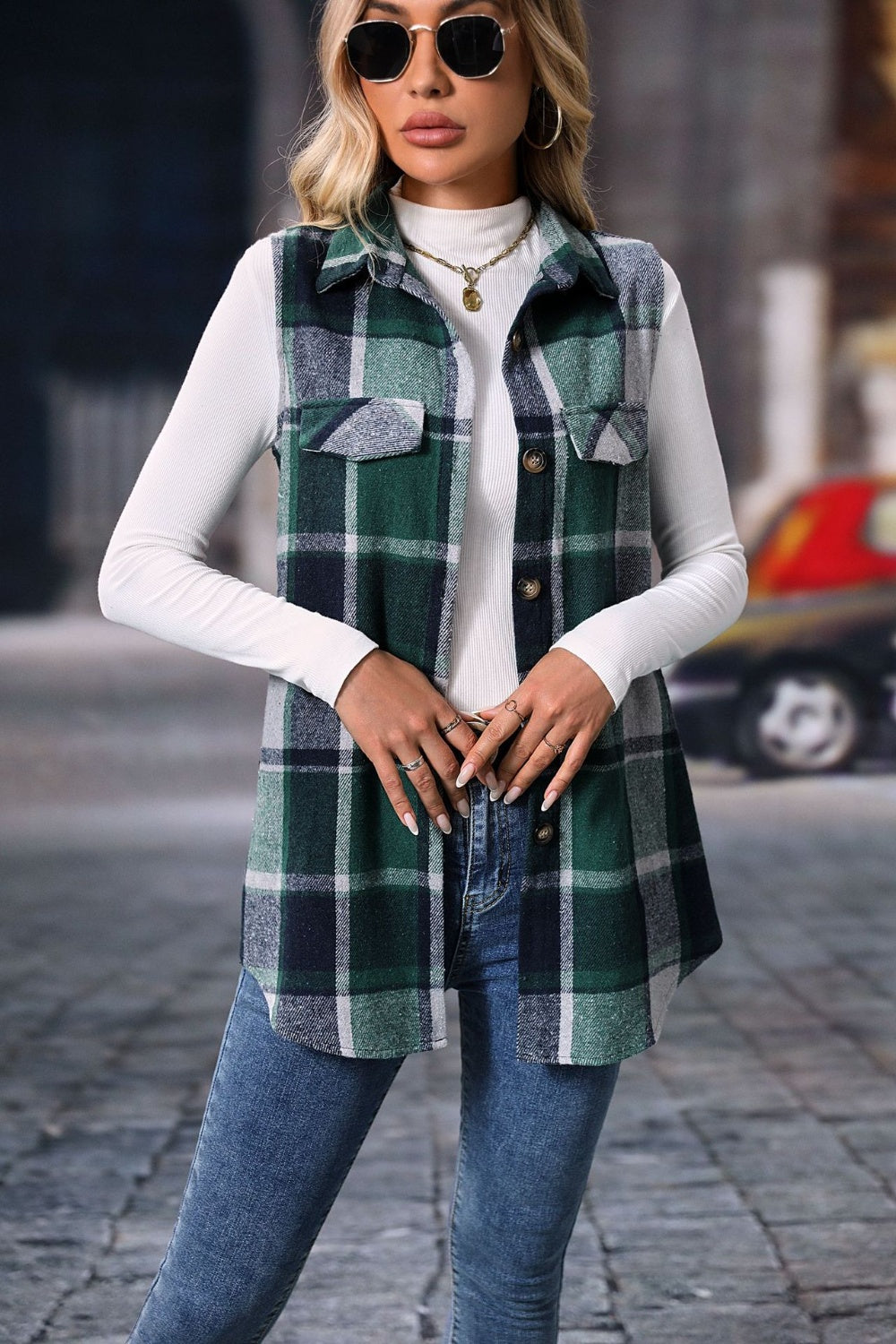 Plaid Button Up Vest Coat - Celeste    