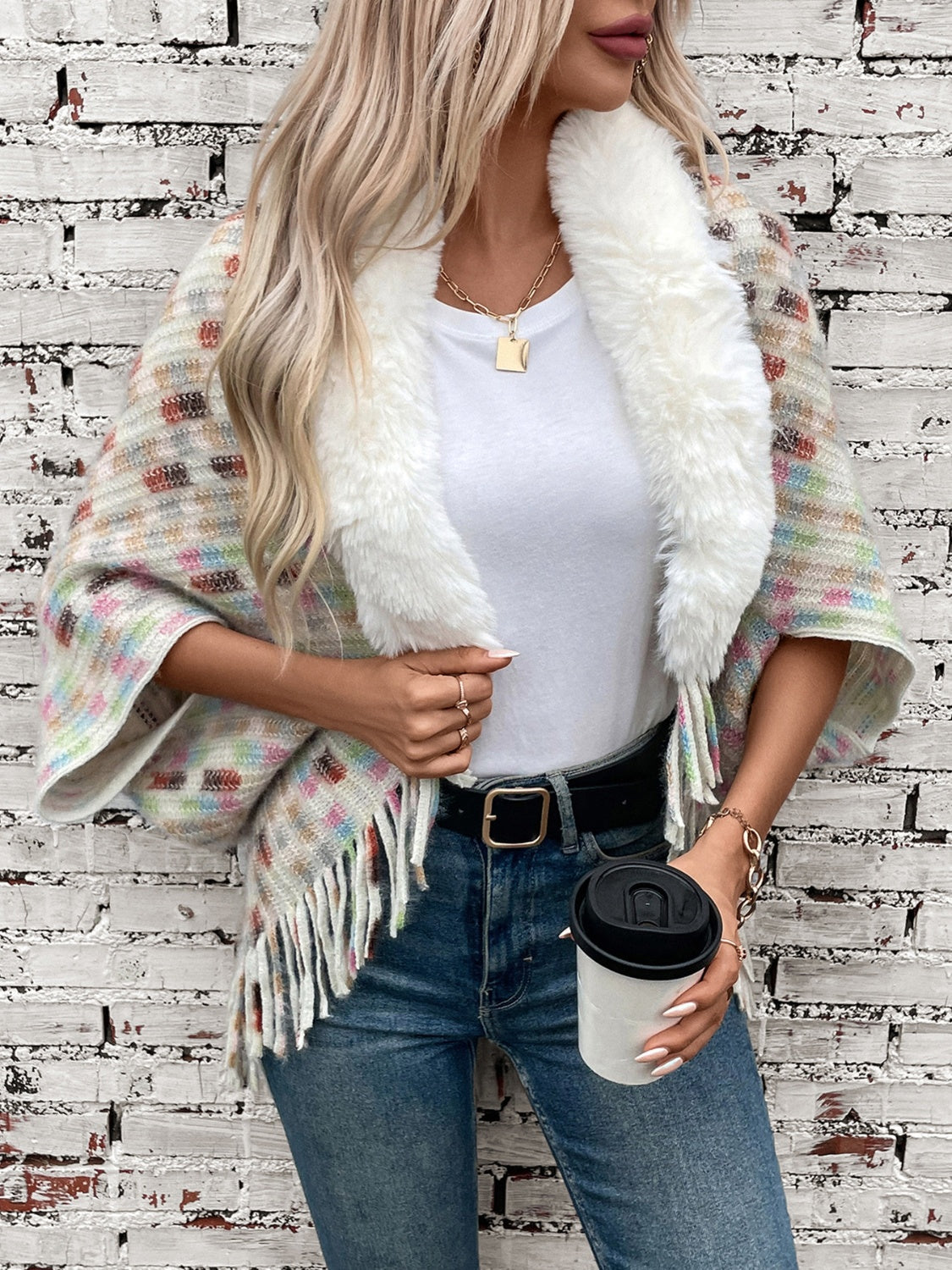 Fringe Fuzzy Open Front Poncho - Celeste    