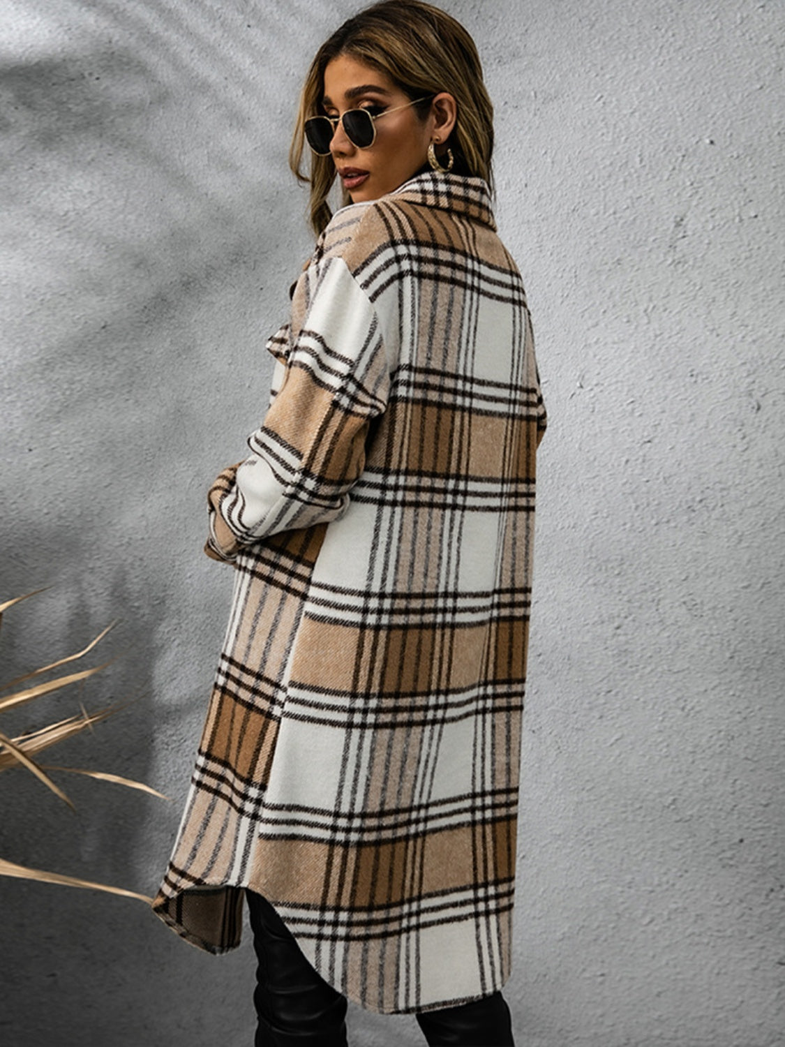 Plaid Collared Neck Long Sleeve Coat - Celeste    