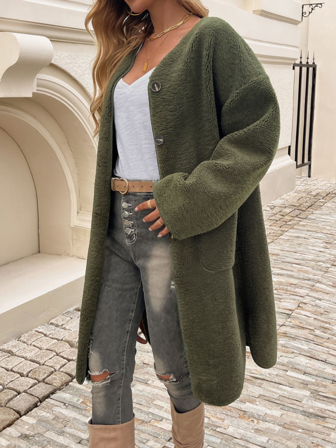 Devine Button Up Long Sleeve Coat - Celeste    