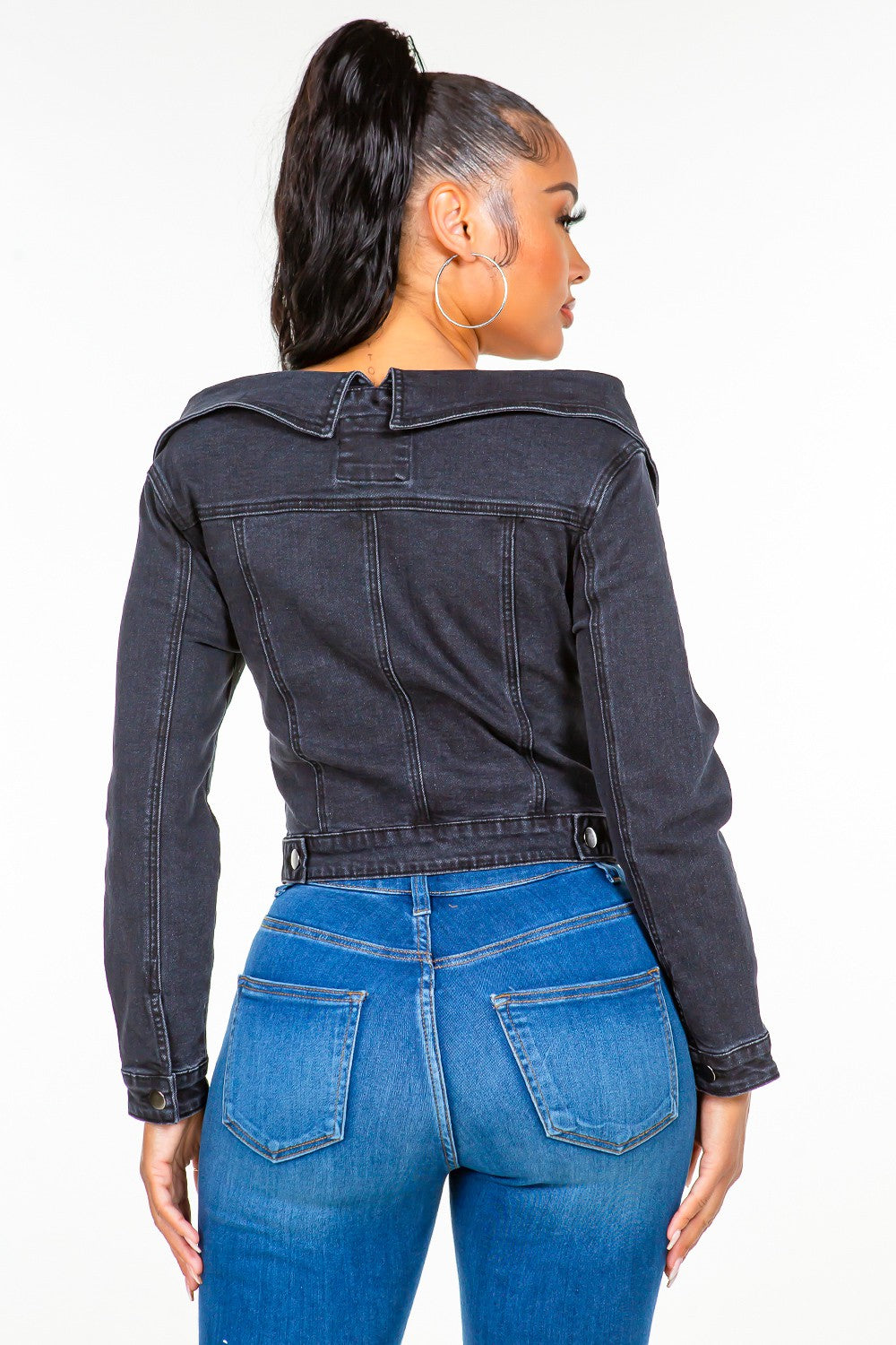 American Bazi Off Shoulder Lace Up Denim Jacket - Celeste    