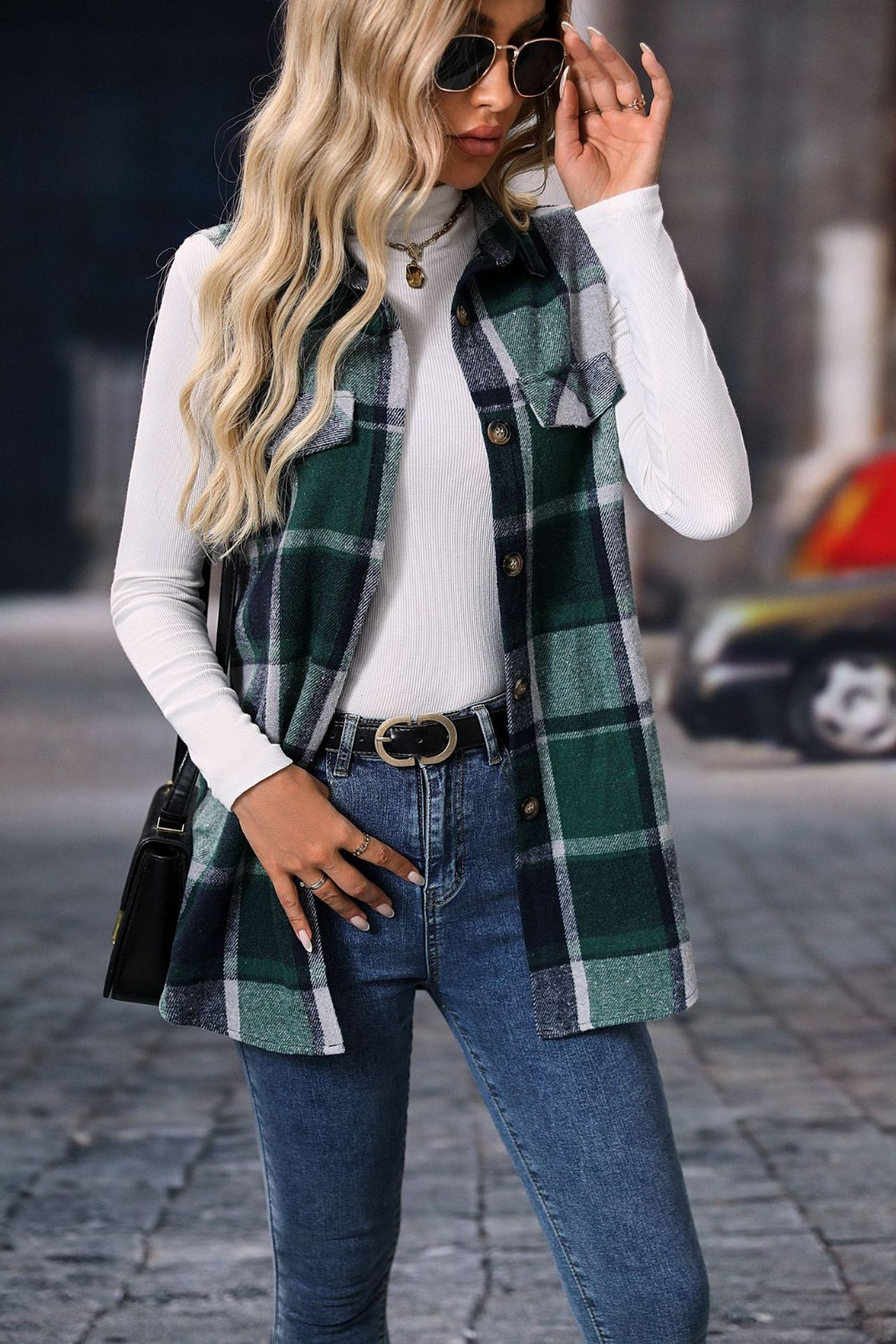 Plaid Button Up Vest Coat - Celeste    