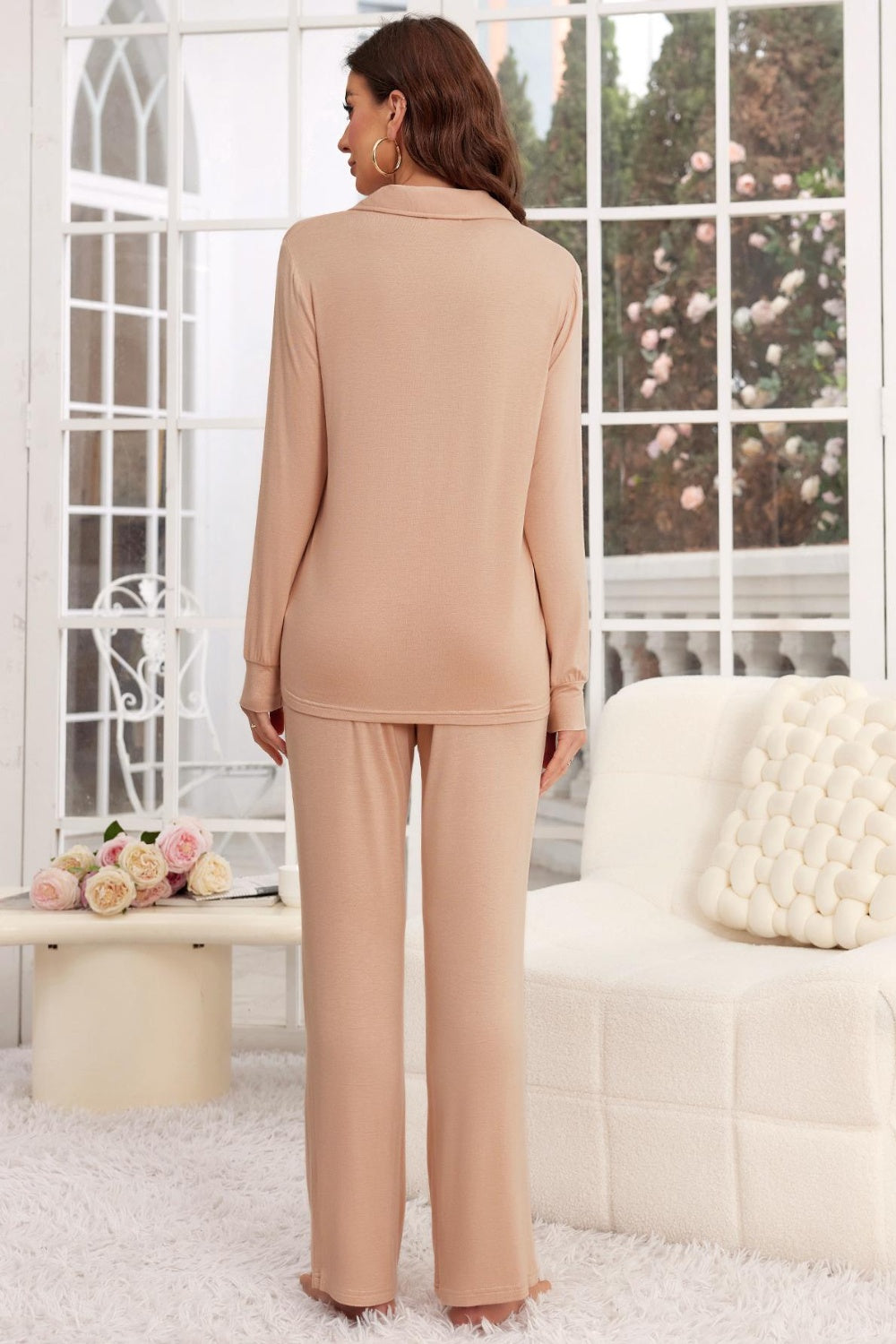 Button Up Long Sleeve Top and Pants Lounge Set - Celeste    