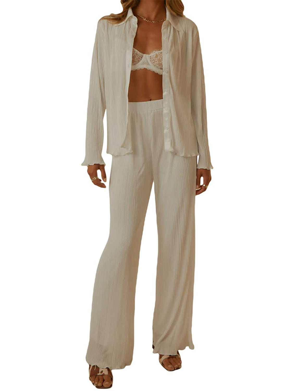 Collared Neck Long Sleeve Top and Pants Lounge Set - Celeste    
