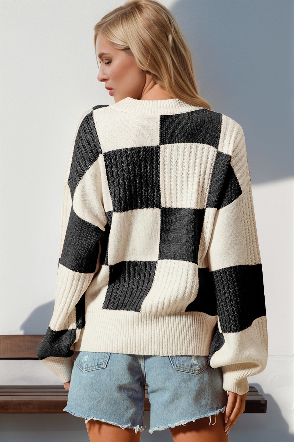 Double Take Full Size Checkered Dropped Shoulder Cardigan - Celeste    