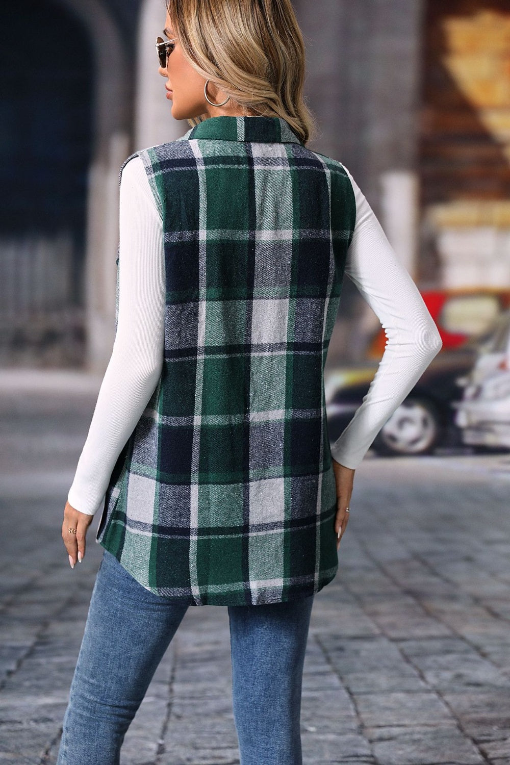 Plaid Button Up Vest Coat - Celeste    