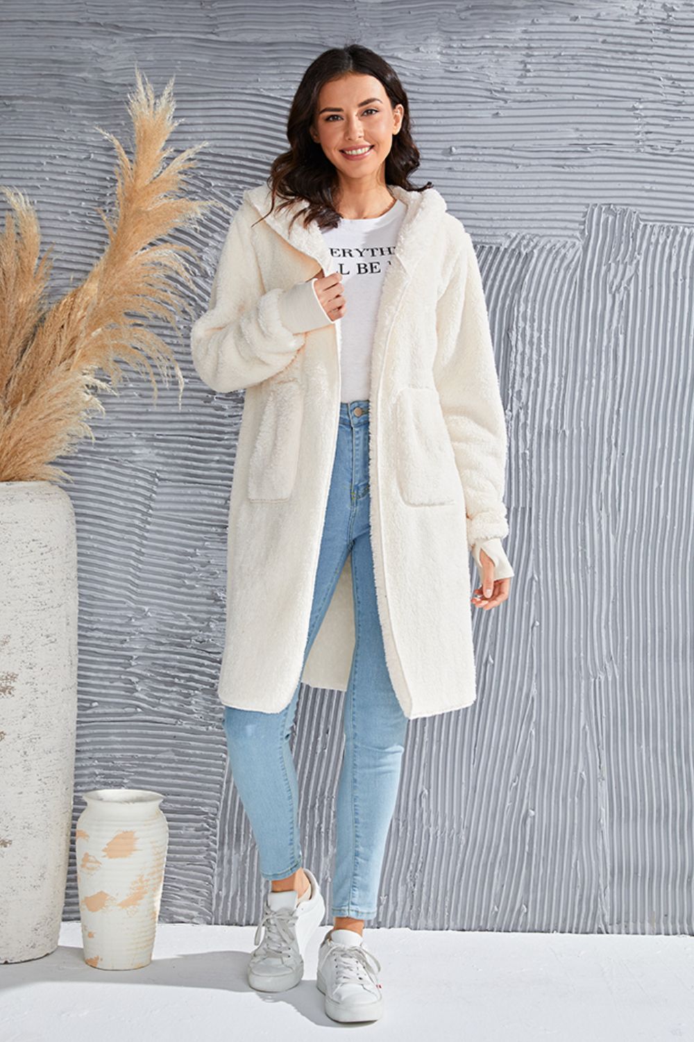 Double Take Full Size Hooded Teddy Bear Jacket with Thumbholes - Celeste    
