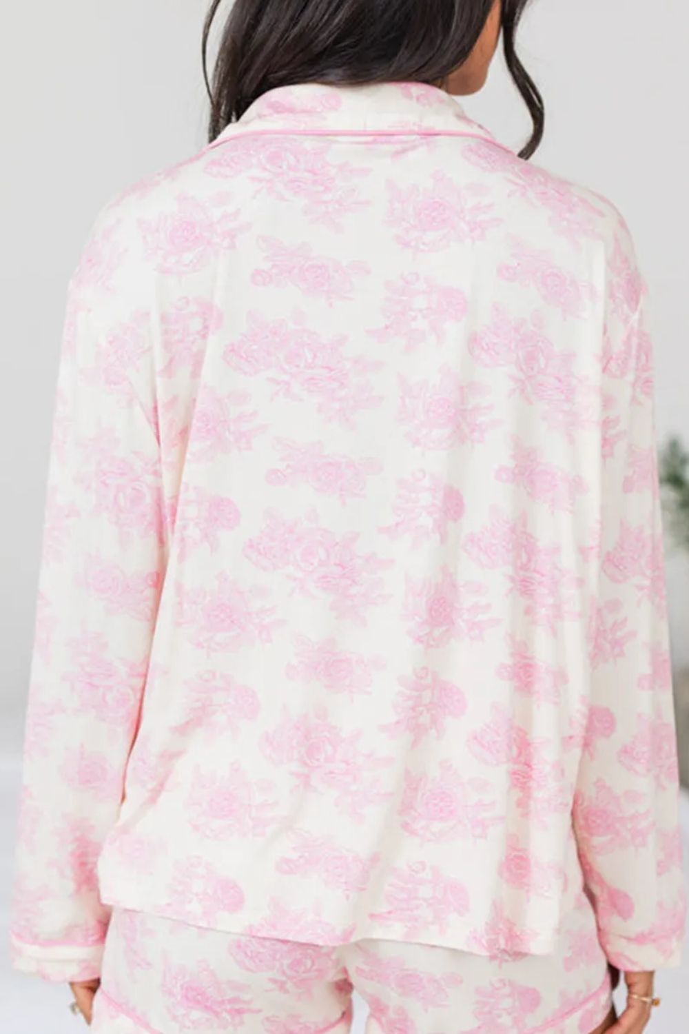 Printed Button Up Long Sleeve Top and Pants Lounge Set - Celeste    