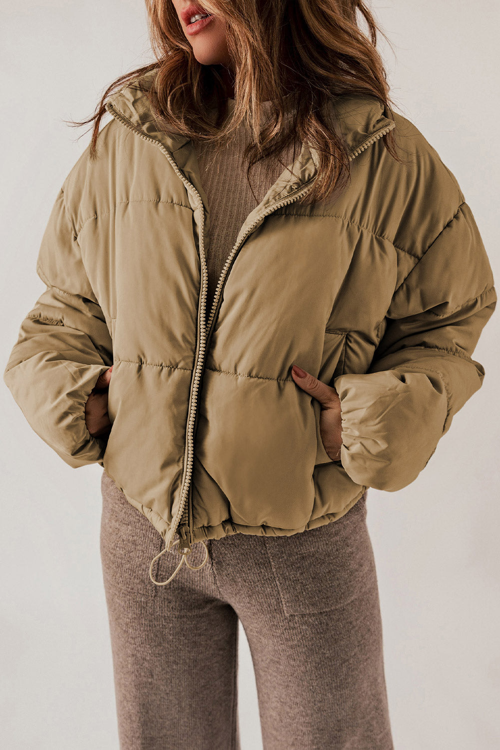 Zip Up Collared Neck Long Sleeve Winter Coat - Celeste    