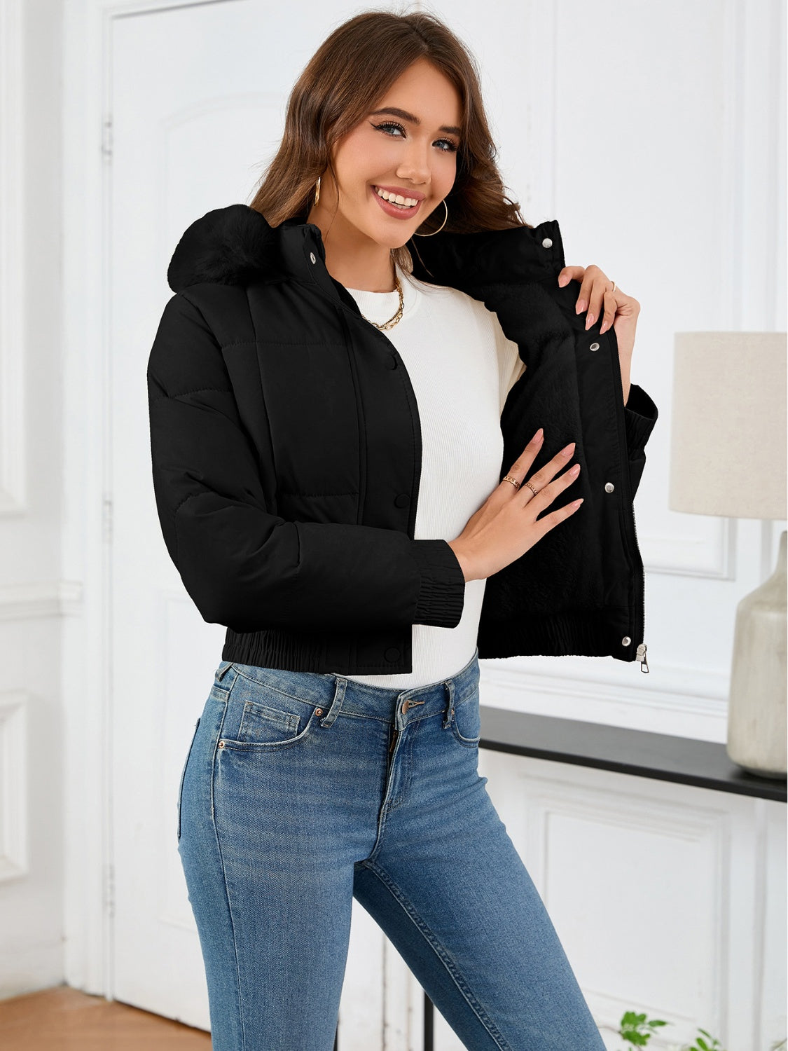 Pocketed Long Sleeve Cropped Hooded Winter Coat - Celeste    