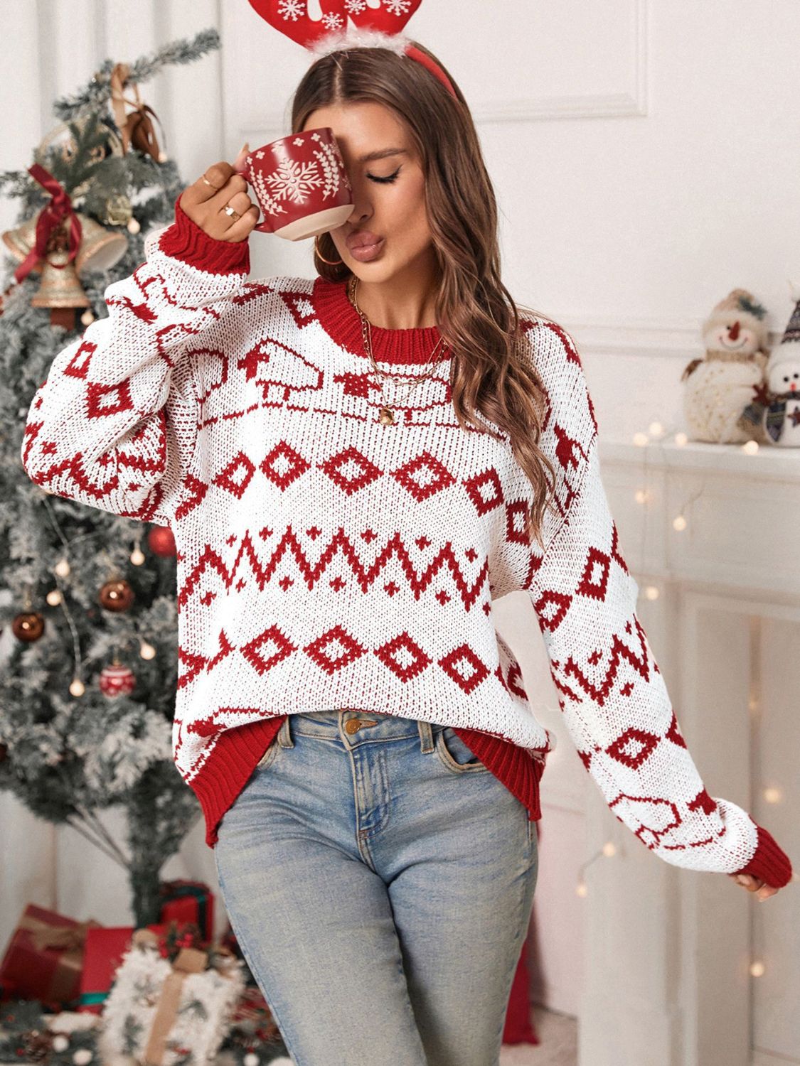 Perfee Contrast Geometric Round Neck Long Sleeve Sweater - Celeste    