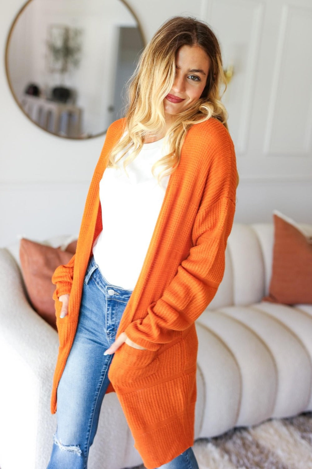 Haptics Full Size Stripe Textured Open Front Cardigan with Pockets - Celeste    
