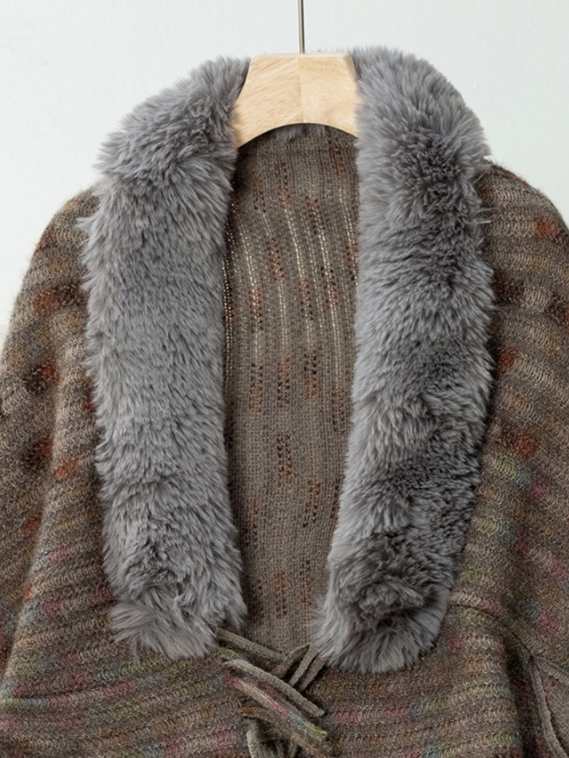 Fringe Fuzzy Open Front Poncho - Celeste    