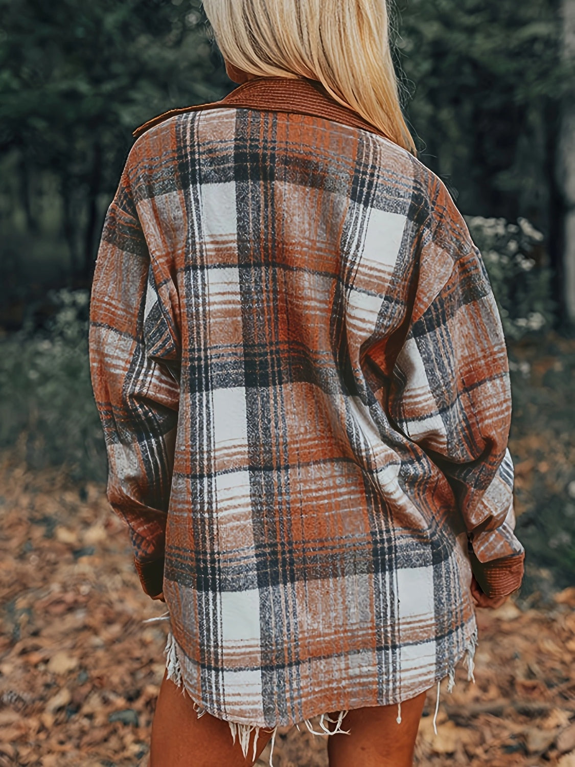 Plaid Collared Neck Button Up Shacket - Celeste    
