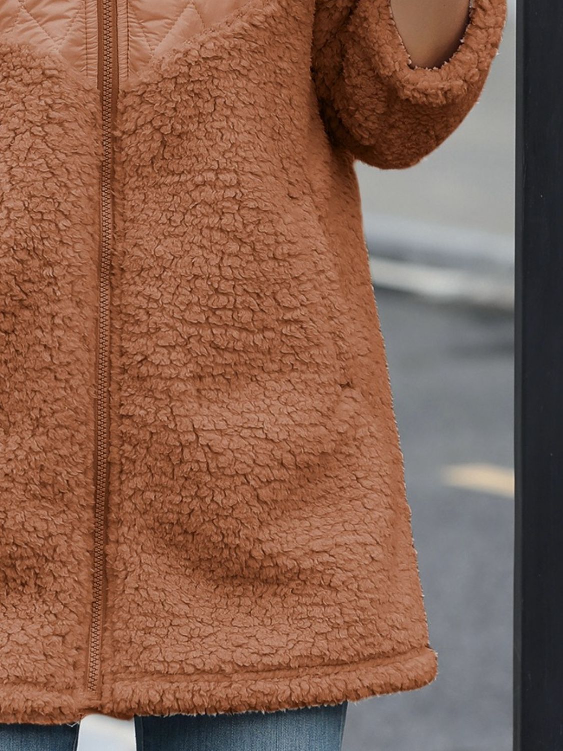 Fuzzy Zip Up Long Sleeve Hooded Jacket - Celeste    