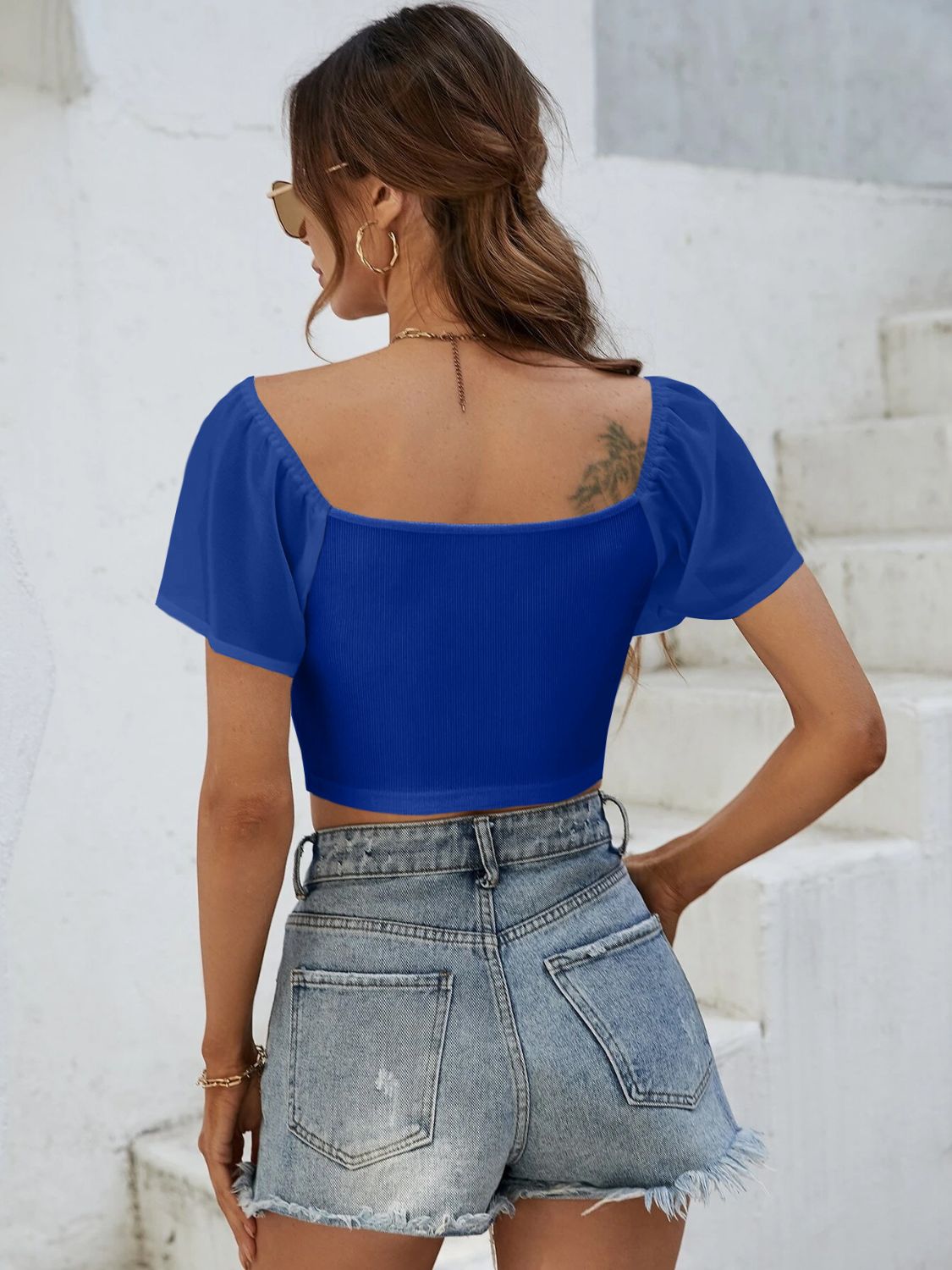 Drawstring Short Sleeve Crop Top - Celeste    