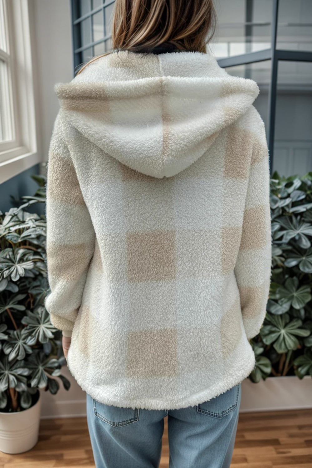 Double Take Full Size Plaid Long Sleeve Hooded Coat - Celeste    