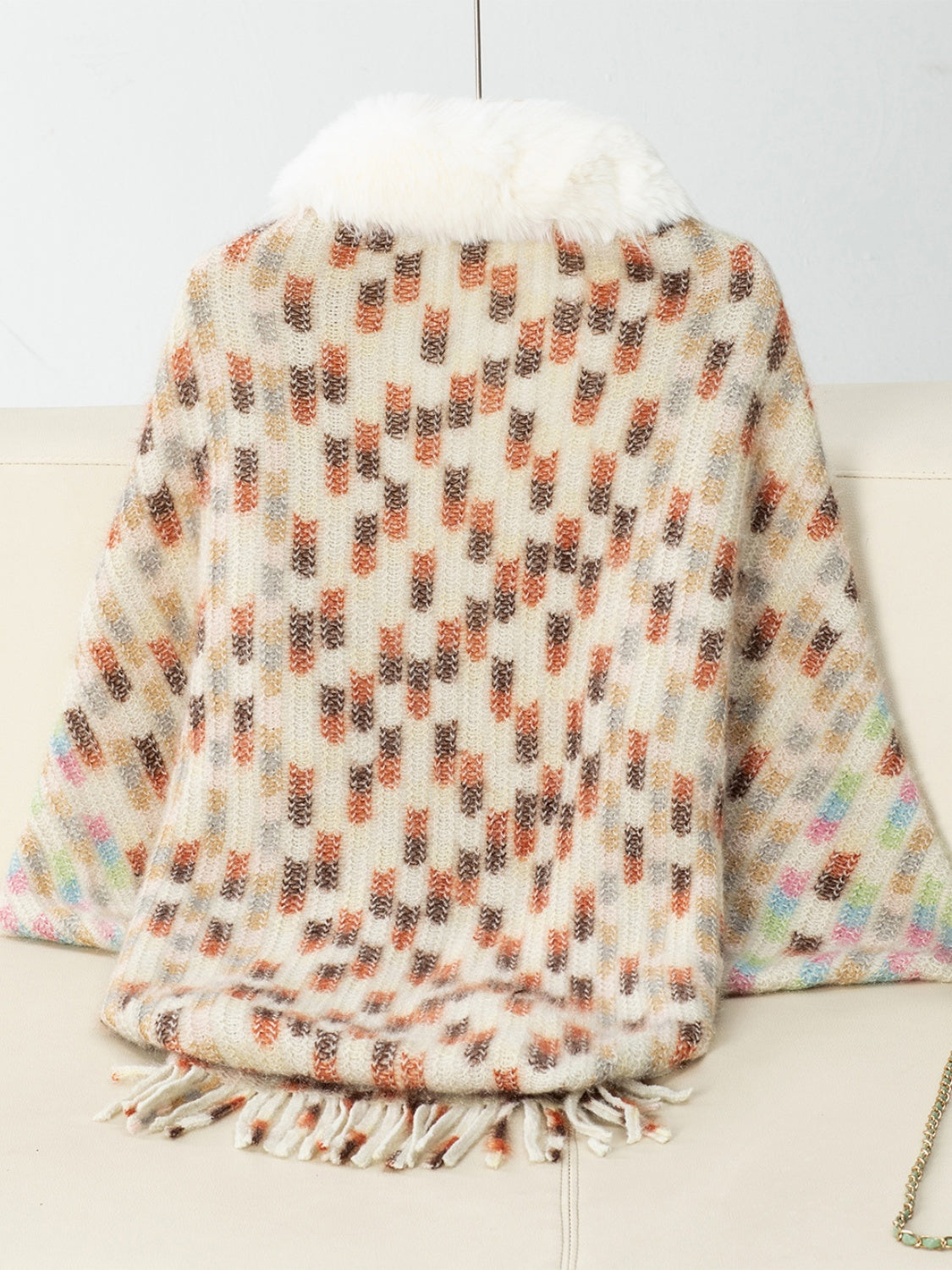 Fringe Fuzzy Open Front Poncho - Celeste    