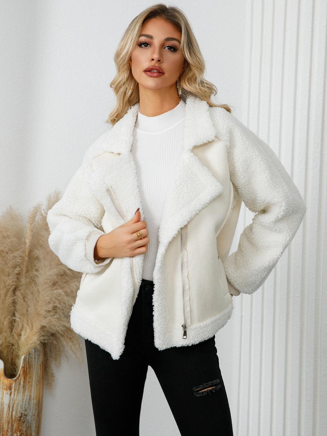 Pocketed Sherpa Zip Up Long Sleeve Jacket - Celeste    
