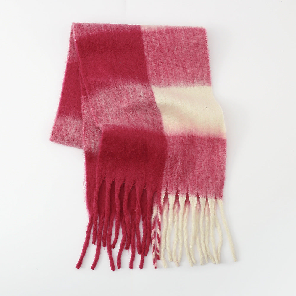 Fringe Contrast Plaid Polyester Scarf - Celeste    
