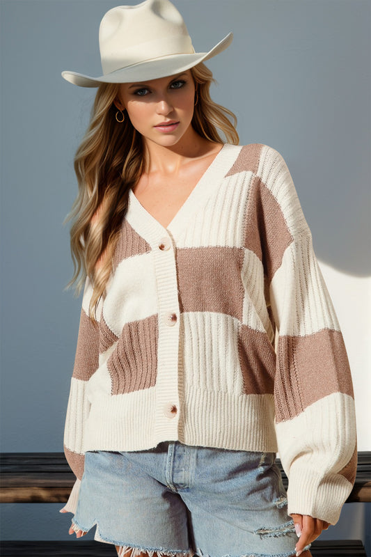 Double Take Full Size Checkered Dropped Shoulder Cardigan - Celeste    