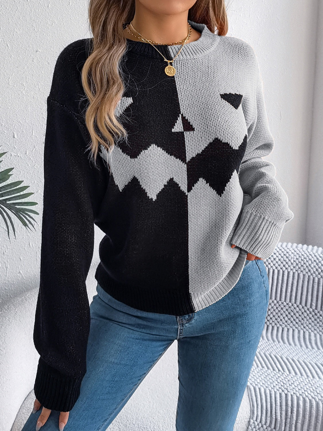 Contrast Round Neck Long Sleeve Sweater - Celeste    
